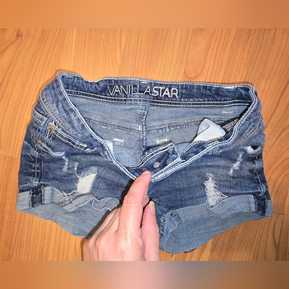Vanilla Star Blue Jean Shorts Distressed Raw Hem - Picture 2 of 4
